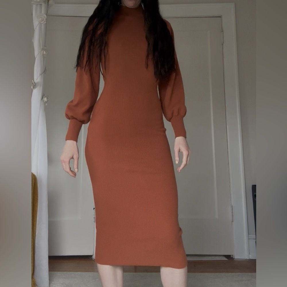 Ribbed Long Sleeve Midi Dress in Rust